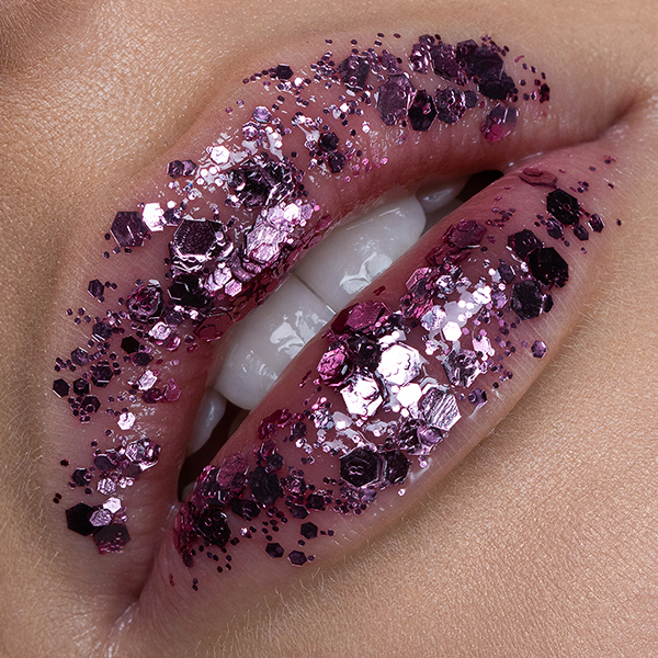 Close-up lips high-end retouching for brand campaign, glitter pink makeup