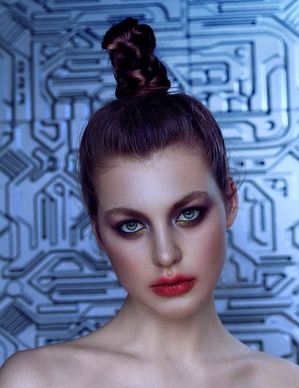 Tecno portrait of a girl from future, dark smokey eyes makeup and red lips in korean style